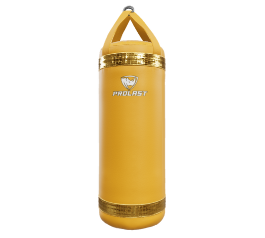 Yellow punching bag with a brand logo on a white background